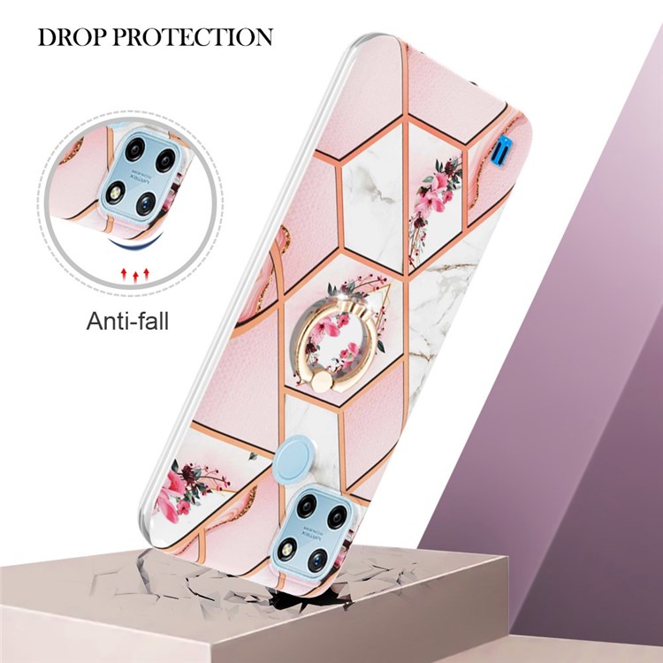 For Realme C21Y/C25Y YB IMD Series-6 Marble Pattern TPU Case with Ring Kickstand Shockproof IMD Back Cover - Pink Flowers-2