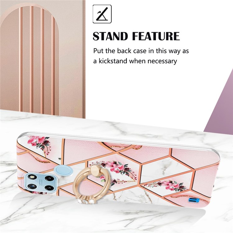 For Realme C21Y/C25Y YB IMD Series-6 Marble Pattern TPU Case with Ring Kickstand Shockproof IMD Back Cover - Pink Flowers-3