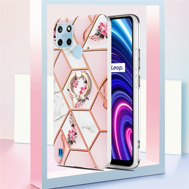For Realme C21Y/C25Y YB IMD Series-6 Marble Pattern TPU Case with Ring Kickstand Shockproof IMD Back Cover - Pink Flowers-5