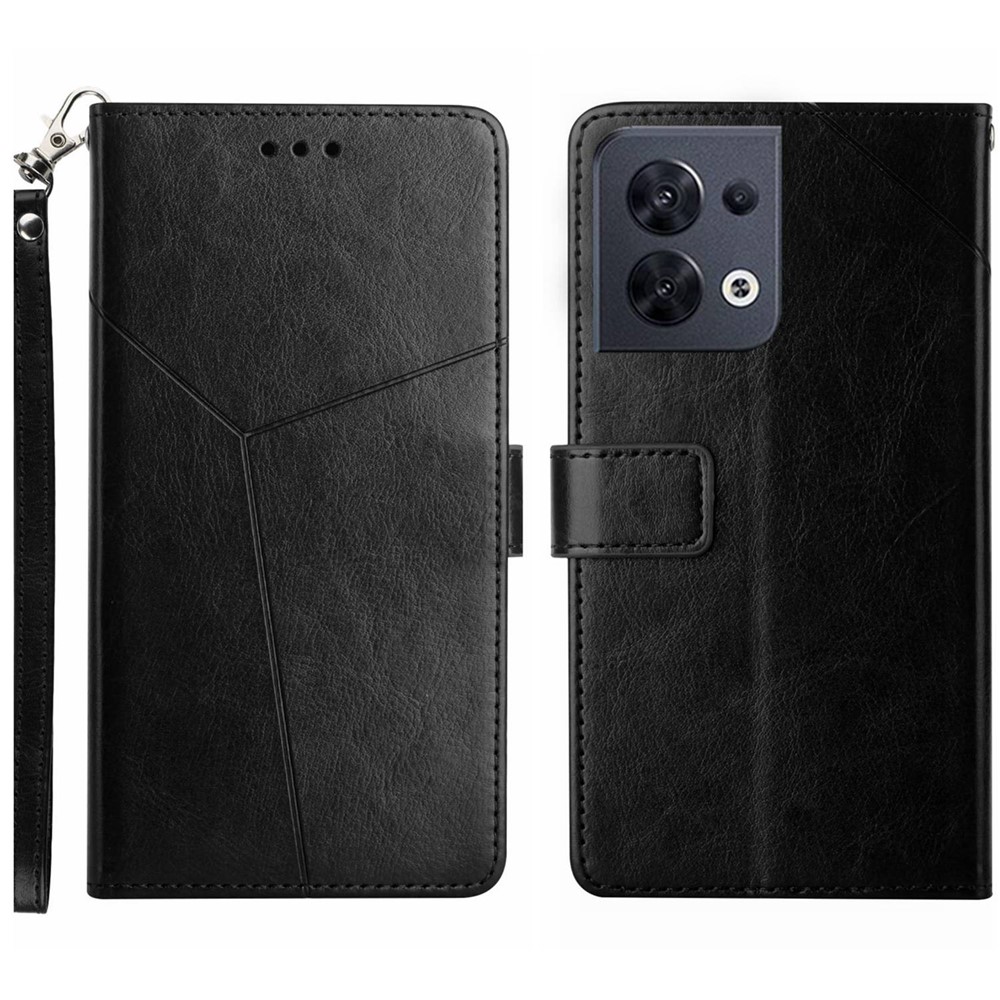 For Oppo Reno8 5G (Global Version) HT01 Foldable Stand Phone Case Imprinted Y-Shaped Lines PU Leather Wallet Cover - Black-1