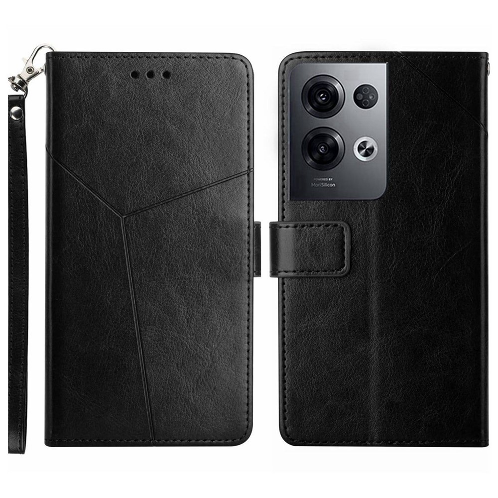 For Oppo Reno8 Pro+ (China) 5G / Reno8 Pro 5G (Global Version) HT01 Imprinted Y-Shaped Lines PU Leather Wallet Stand Cover Folio Flip Phone Case - Black-1
