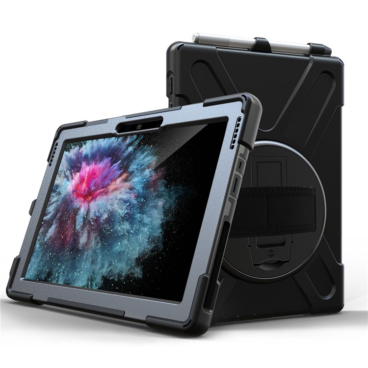 For Microsoft Surface Go [X-Shape] PC + TPU Combo 360 Degree Swivel Kickstand Case with Hand Strap and Shoulder Strap - Black-3