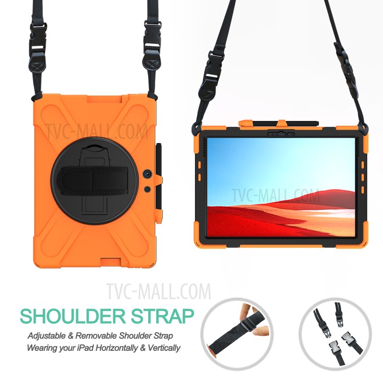 360° Swivel PC + Silicone Kickstand Tablet Case with Handy Strap and Shoulder Strap for Microsoft Surface Pro X - Orange-2