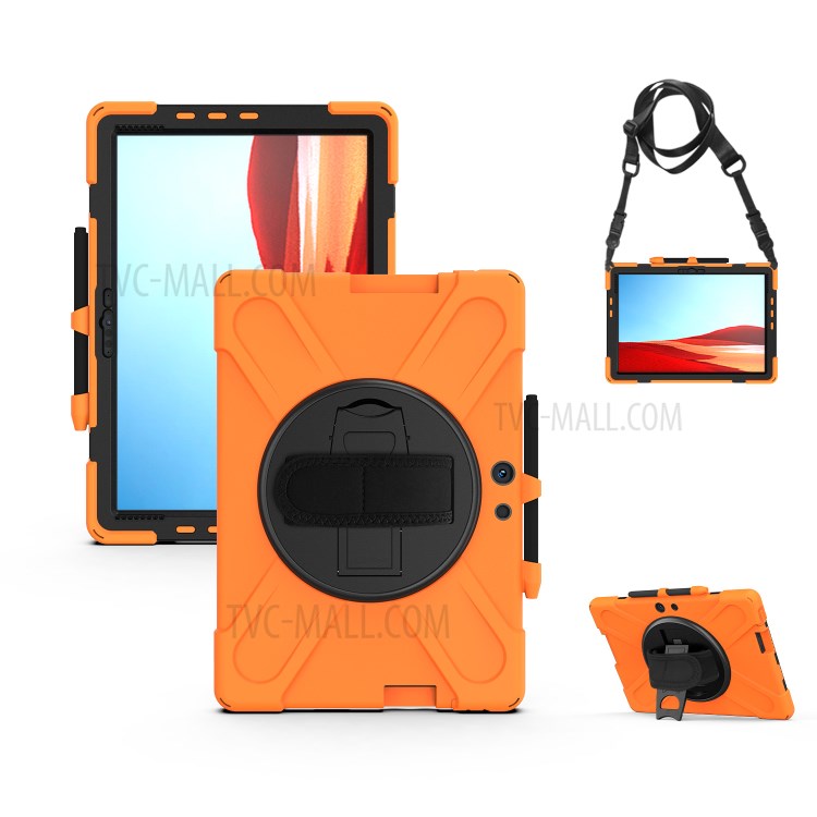 360° Swivel PC + Silicone Kickstand Tablet Case with Handy Strap and Shoulder Strap for Microsoft Surface Pro X - Orange-3