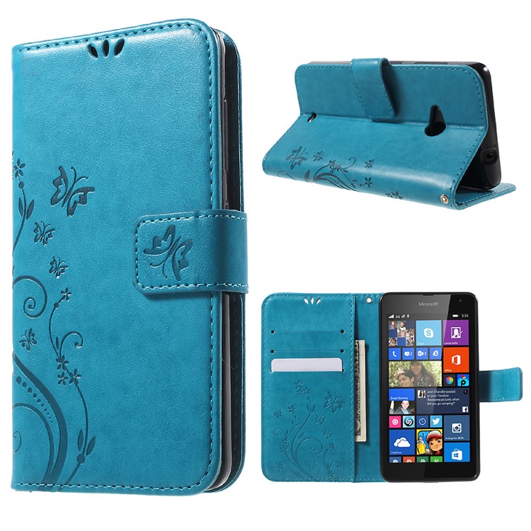 Butterfly Leather Phone Cover for Microsoft Lumia 535 / Dual Sim - Blue-1