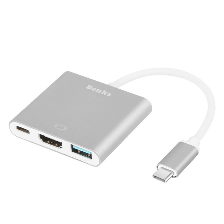 BENKS USB Type-C to HDMI & USB3.0 OTG & Female Charger Adapter for New MacBook Pro Etc - Silver-1