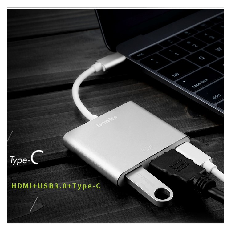 BENKS USB Type-C to HDMI & USB3.0 OTG & Female Charger Adapter for New MacBook Pro Etc - Silver-6