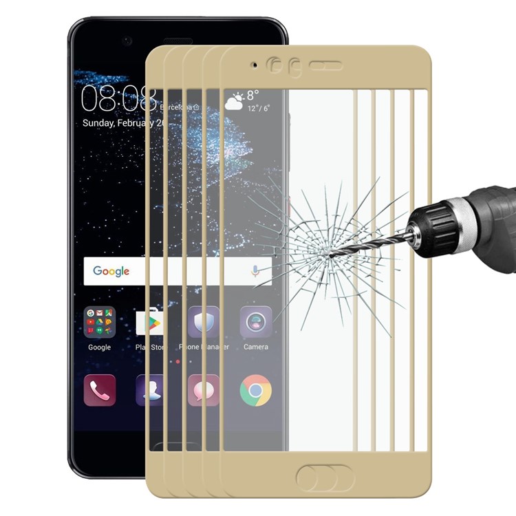 5Pcs HAT PRINCE 0.26mm 9H Complete Coverage Tempered Glass Screen Protector (2.5D Arc Edge) for Huawei P10 - Gold-1