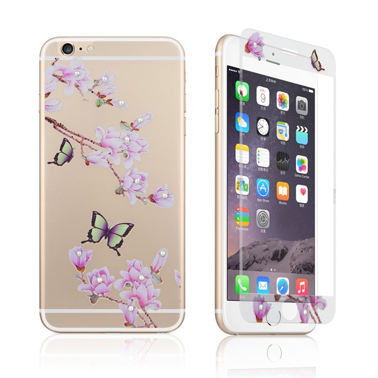 Embossing Front + Back Tempered Glass Films for iPhone 6s 6 - Butterflies & Wintersweet-1