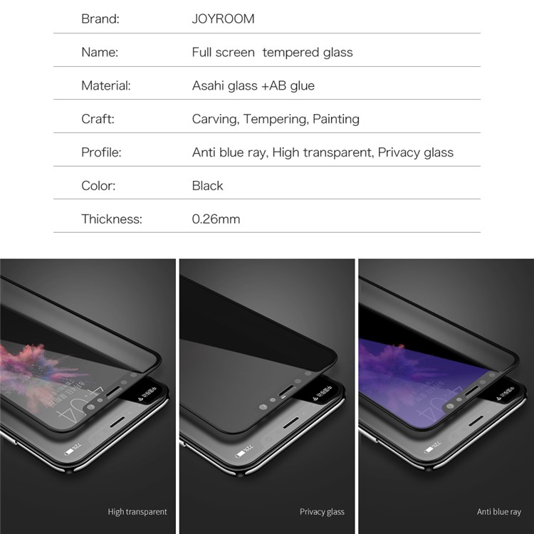 JOYROOM Knight Series 0.26mm Anti-peep Privacy Anti-fingerprint Full Coverage Tempered Glass for iPhone X(Ten) 5.8 Inch-3