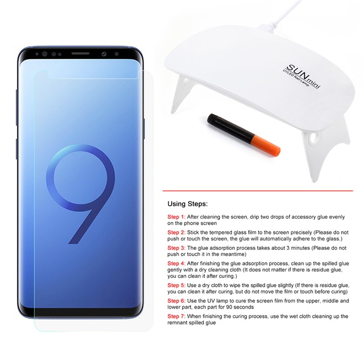 RURIHAI 3D Pegamento Completo UV Protector De Pantalla De Cristal Templado Líquido + Lámpara UV Para Samsung Galaxy S9 Plus SM-G965 - Transparente-9