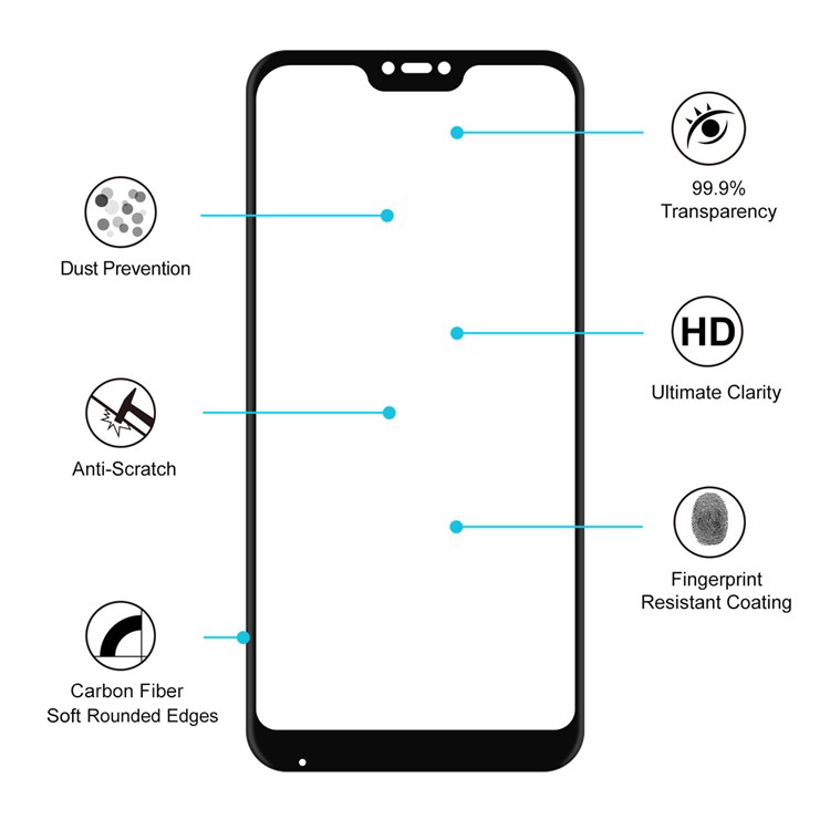5 Pçs / Lote CHAPÉU DO PRÍNCIPE 0.2mm 3D Curvo Bordas De Fibra De Carbono Em Tamanho Grande Protetor De Tela De Vidro Temperado Para Xiaomi Mi A2 Lite / Redmi 6 Pro - Preto-4
