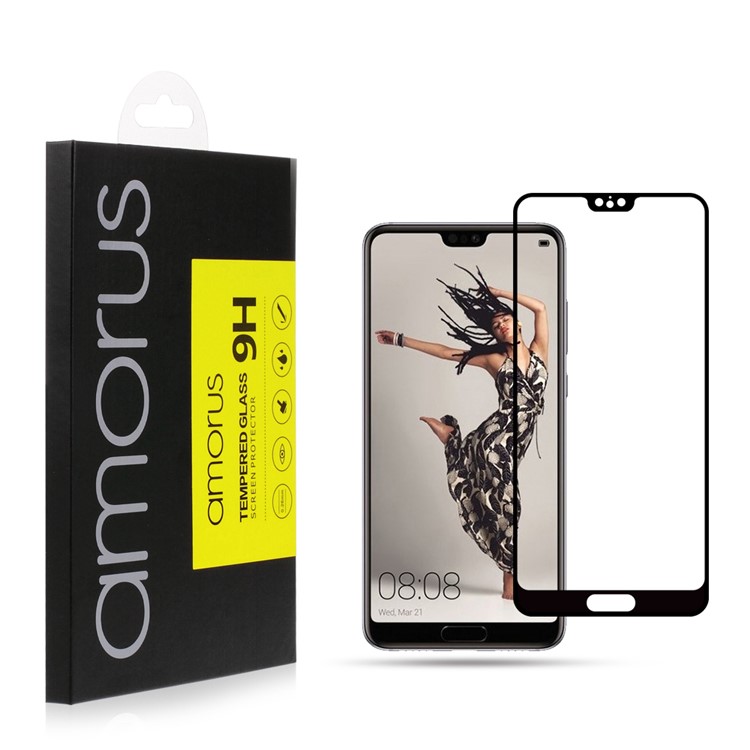 AMORUS Cola Completa Impressão De Seda 9 H Vidro Temperado Em Tamanho Grande Escudo Para Huawei P20 - Preto-2