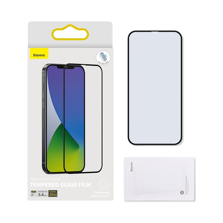 BASEUS 2 PCS 0,3 mm Films de Verre Trempé Anti-blue Incurvé Pour Iphone 12 Mini - le Noir