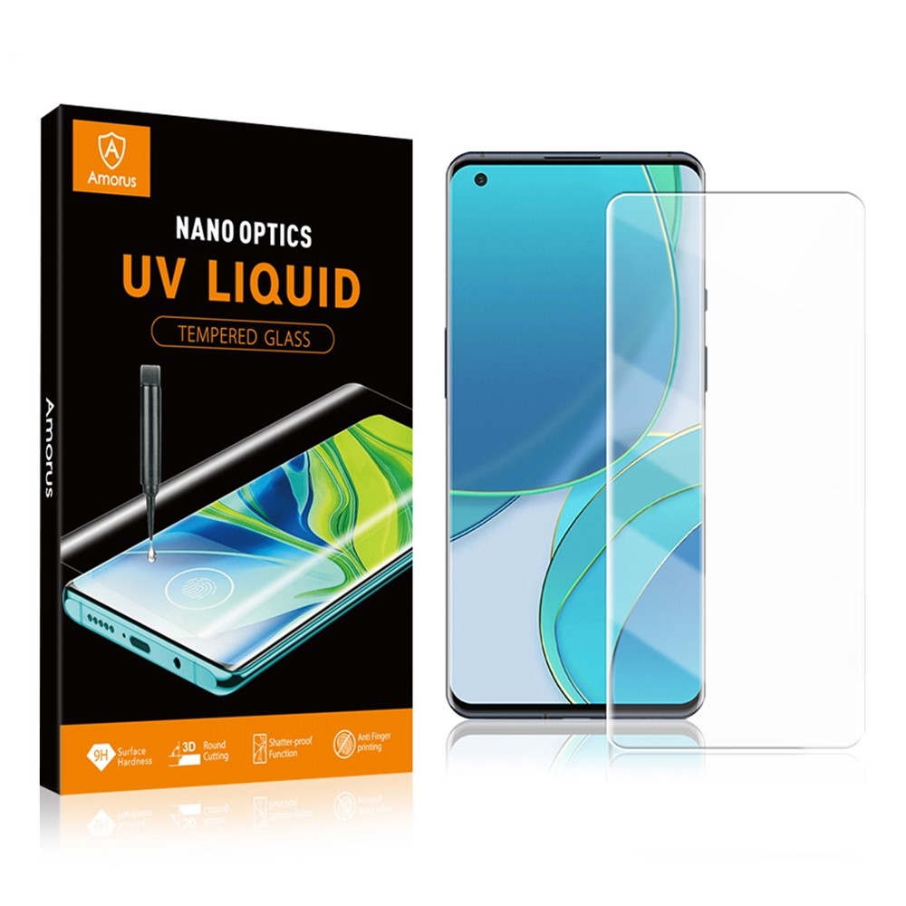 AMORUS Ultra Clear Full Coverage 3D Curved Screen Design UV Liquid Tempered Glass Screen Protector for OnePlus 9 Pro-1