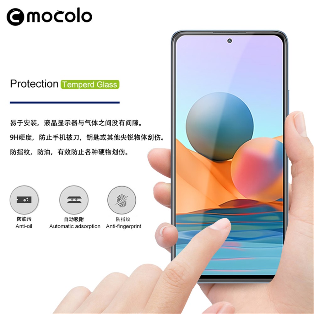 Mocolo Anti-explosión Impresión de Seda Vidrio Templado Pantalla de Pegamento Completo Película de Pegamento Completo Para Xiaomi Redmi Note 10 Pro 4G (india)/(global)/nota 10 Pro Max - Negro