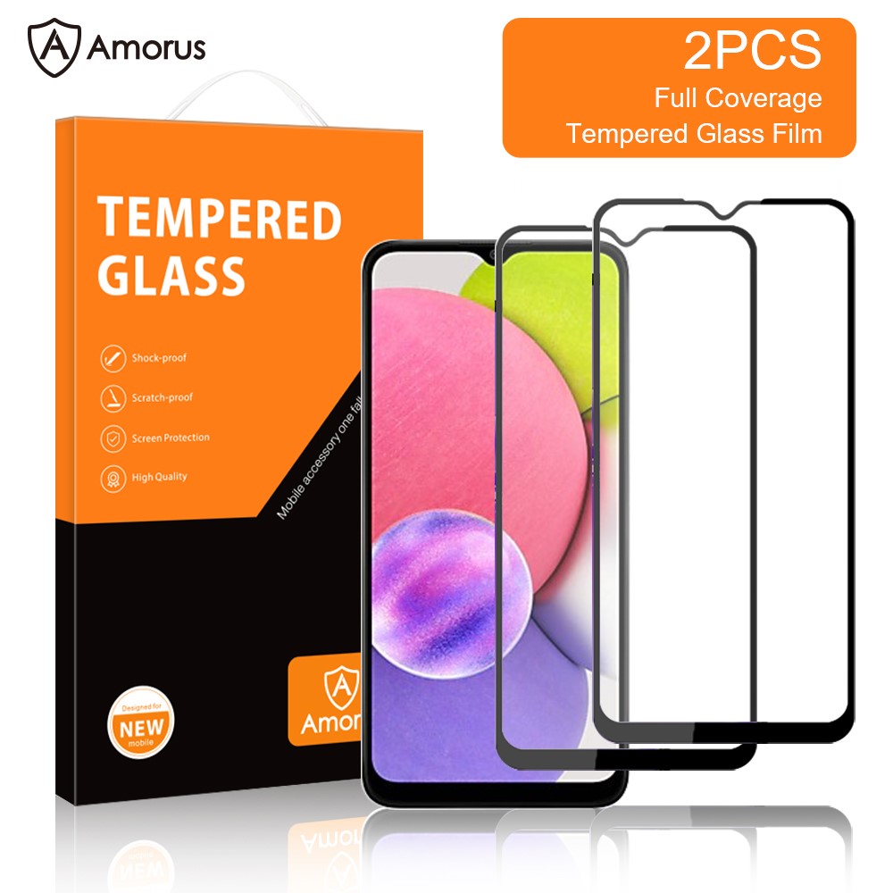 AMORUS 2Pcs/Set High-quality Full Covering HD Full Glue Silk Printing Clear Tempered Glass Screen Protector for Samsung Galaxy A03s (164.2 x 75.9 x 9.1mm)-2