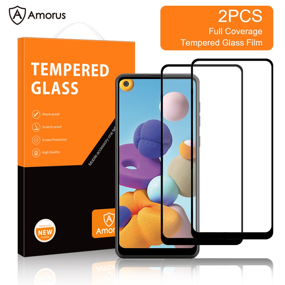 AMORUS 2Pcs/Set Full Size Coverage HD Full Glue Silk Printing Clear Tempered Glass Screen Protector for Samsung Galaxy A21-2