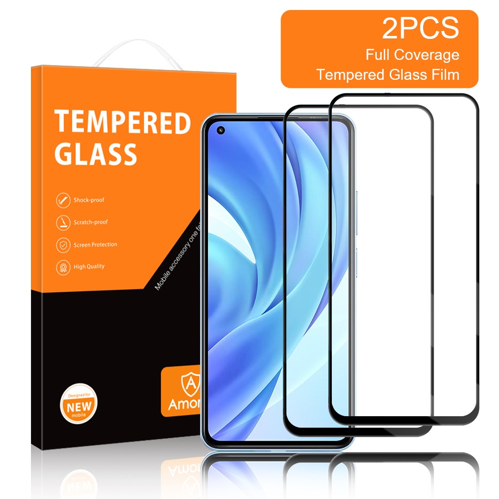 AMORUS 2Pcs/Set Full Size HD Full Glue Silk Printing Secondary Hardening Shatterproof Clear Tempered Glass Screen Protector for Xiaomi Mi 11 Lite 4G/Mi 11 Lite 5G/Xiaomi 11 Lite 5G NE-2