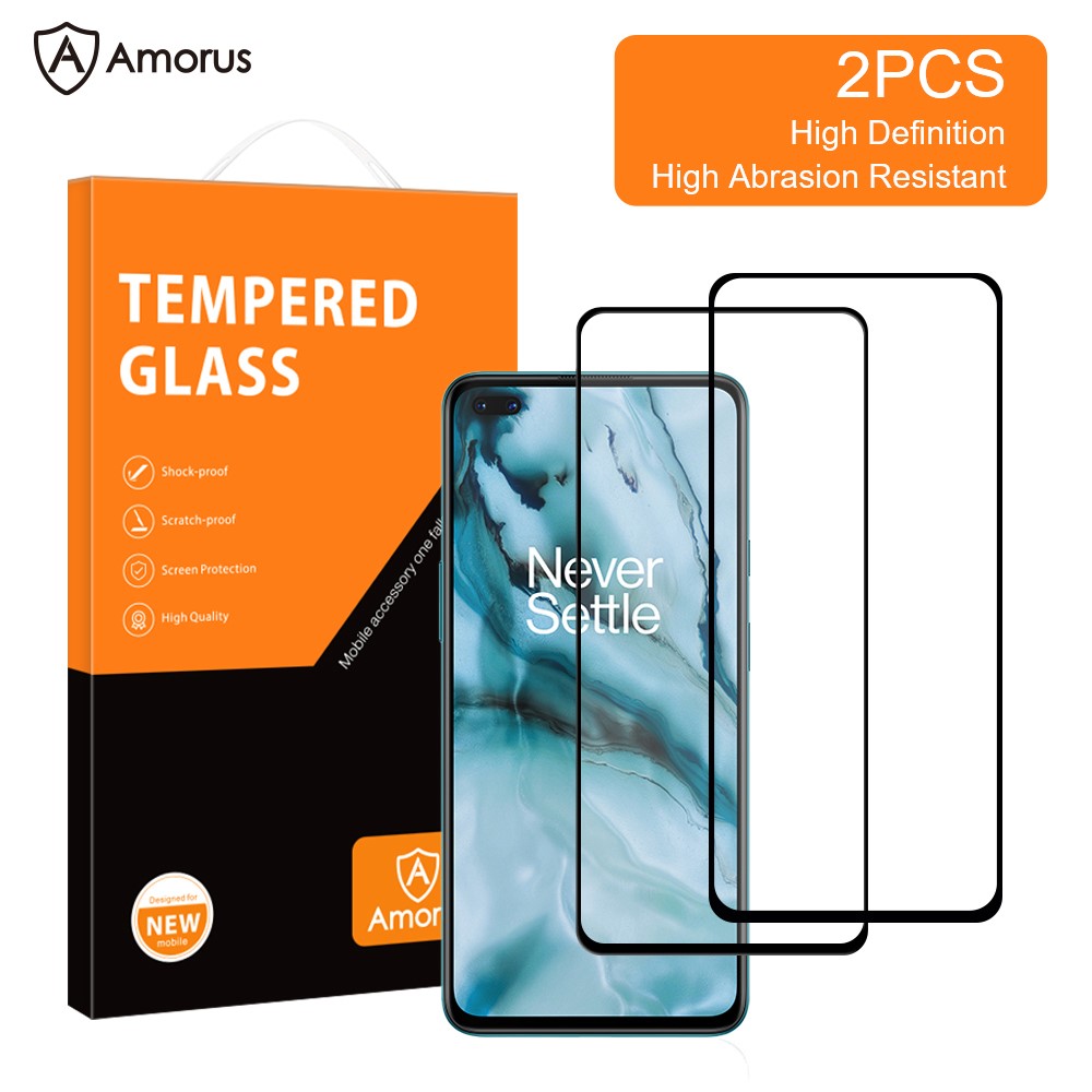AMORUS 2Pcs Silk Printing Full Size Full Glue Secondary Hardening Clear Tempered Glass Screen Protector for OnePlus Nord-2