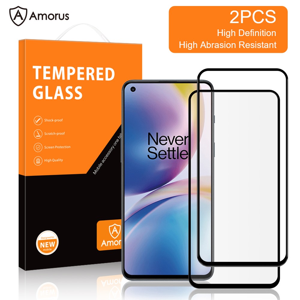 AMORUS 2Pcs Silk Printing Full Glue Anti-explosion Secondary Hardening Tempered Glass Screen Protector for OnePlus Nord 2 5G-2