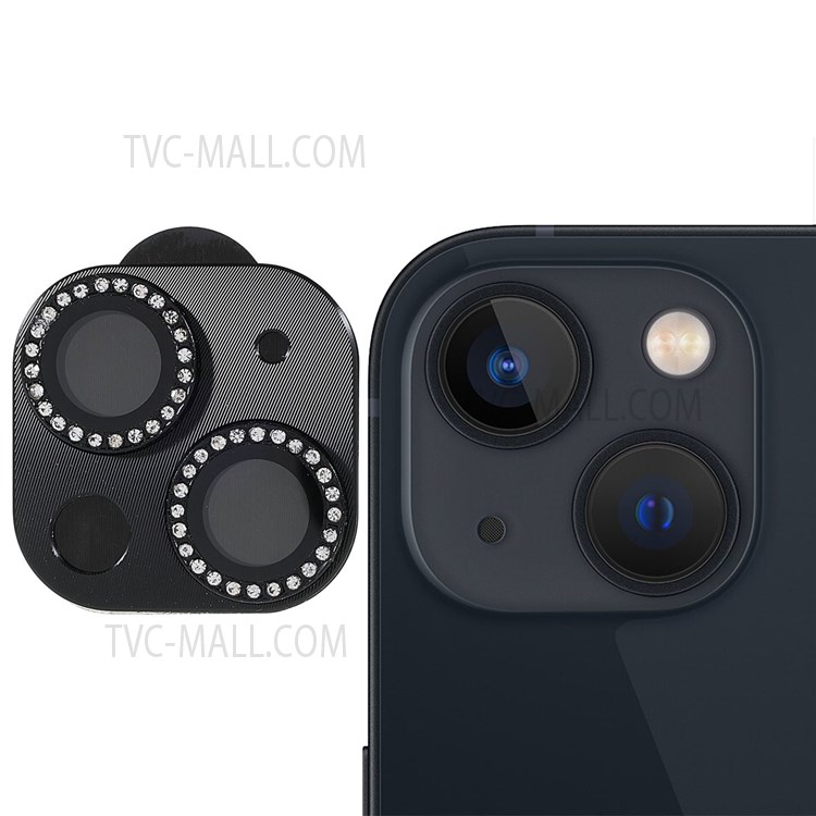 RURIHAI Rhinestone Wear-resistant Tempered Glass + Aluminum Alloy Anti-scratch Camera Lens Cover Film for iPhone 13 6.1 inch / iPhone 13 mini 5.4 inch - Black-1