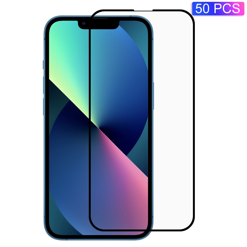 50Pcs/Pack Tempered Glass Film for iPhone 13 6.1 inch/14 6.1 inch, Silk Printing Full Glue 2.5D Full Screen Protector-1