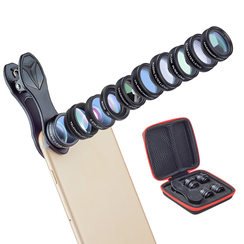 Kit De Lentilles APEXEL 10-en-1 Objectif Fish-eye Grand Angle Macro 2X Télescope Pour Iphone Samsung Smartphones-1