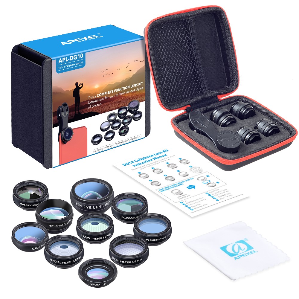 Kit De Lentilles APEXEL 10-en-1 Objectif Fish-eye Grand Angle Macro 2X Télescope Pour Iphone Samsung Smartphones-11