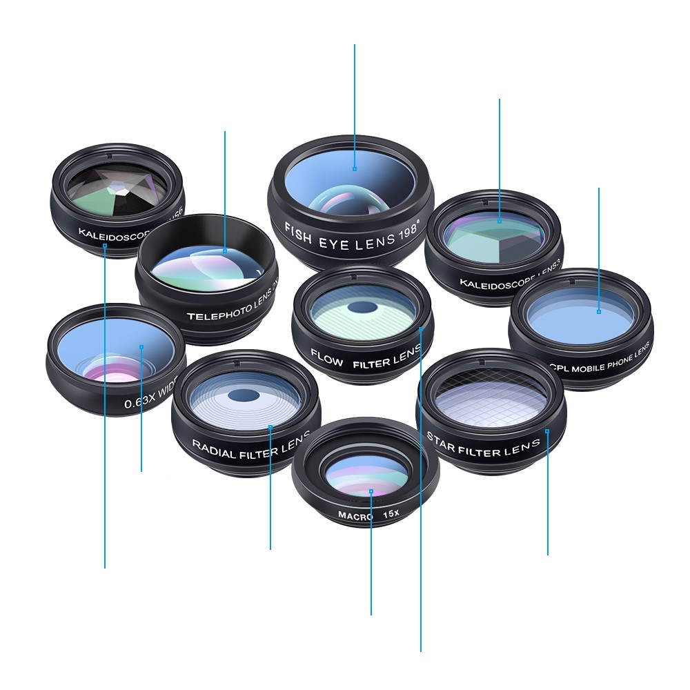 Kit De Lentilles APEXEL 10-en-1 Objectif Fish-eye Grand Angle Macro 2X Télescope Pour Iphone Samsung Smartphones-2