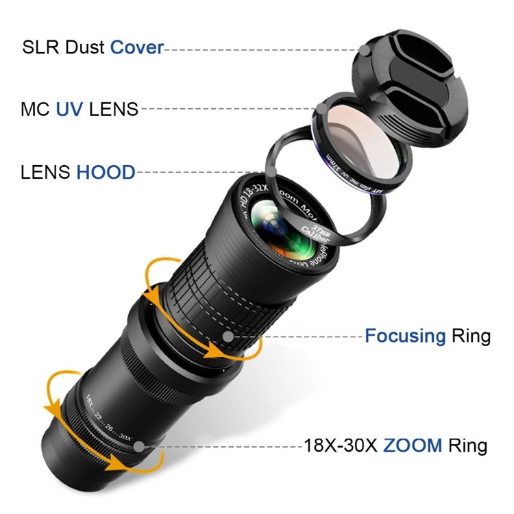 UV Camera Lens 18X-30X Mobile Phone Zoom Telephoto Telescope Head + Tripod Clip - Black-3