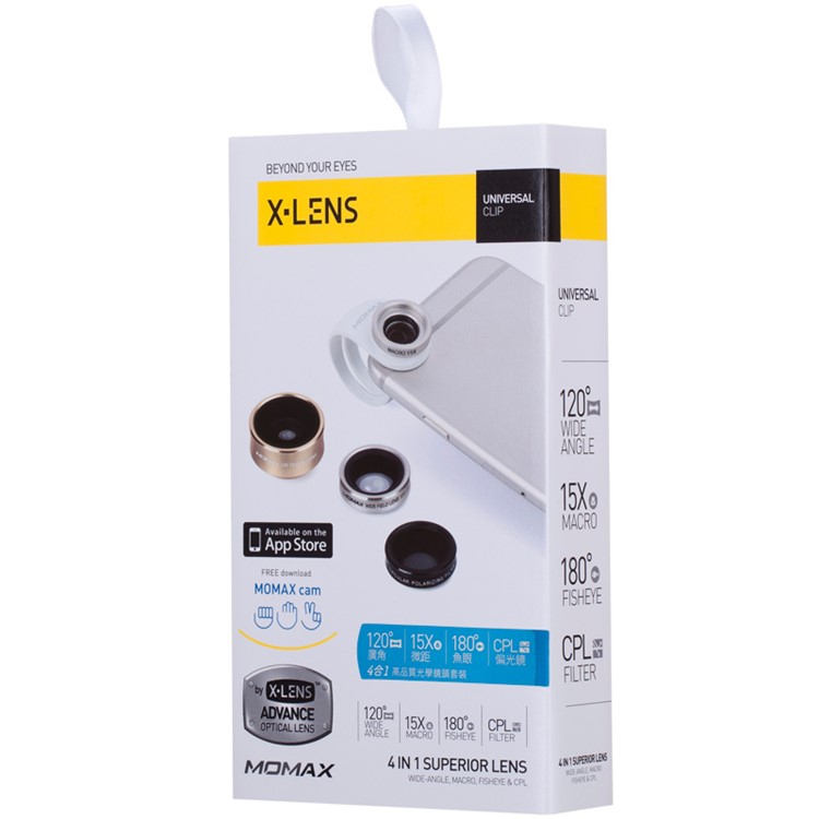 MOMAX X-Lens 4-in-1 120 Degree Wide Angle+15X Macro Lens+180 Degree Fisheye+ CPL Filter for Smartphone Tablet - Silver Color-12