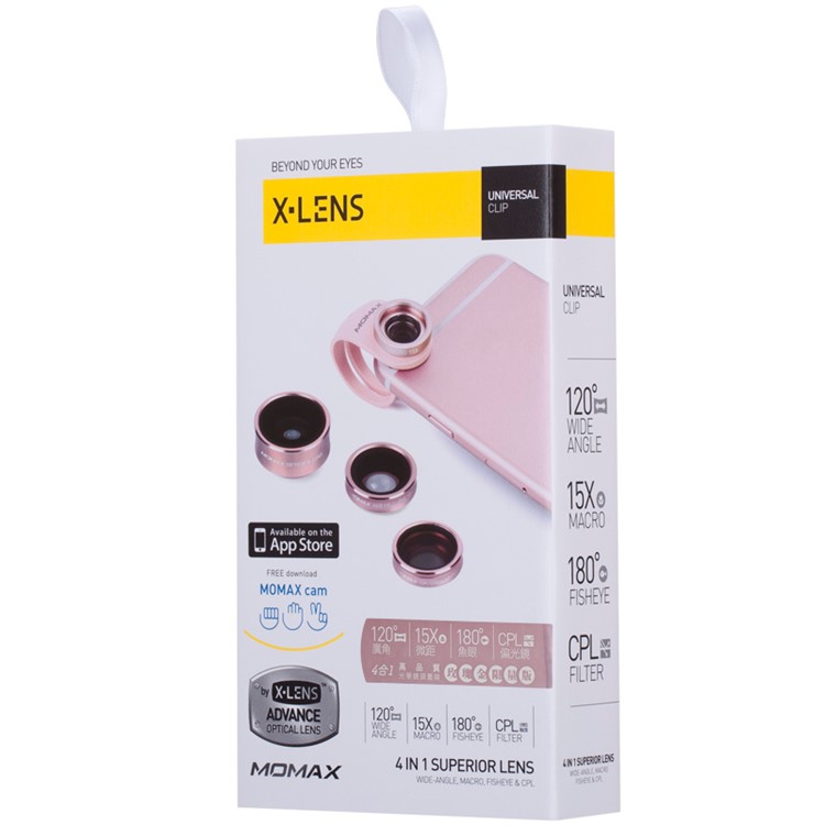 MOMAX X-Lens 4-in-1 120 Degree Wide Angle+15X Macro Lens+180 Degree Fisheye+ CPL Filter for Smartphone Tablet - Rose Gold Color-12