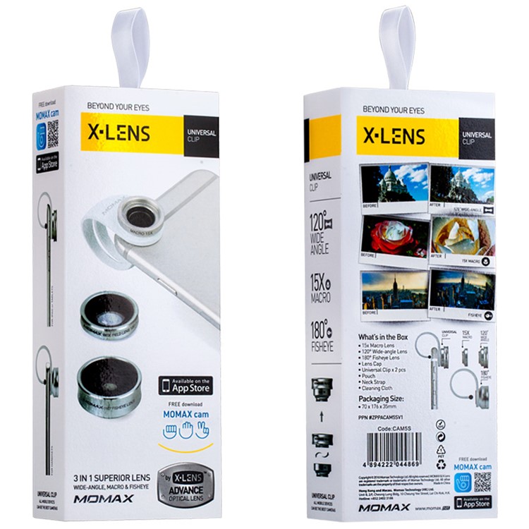 MOMAX X-Lens 3-In-1 120° Wide Angle + 15X Macro + 180° Fisheye Lens Kit with Universal Clip - Silver Color-11