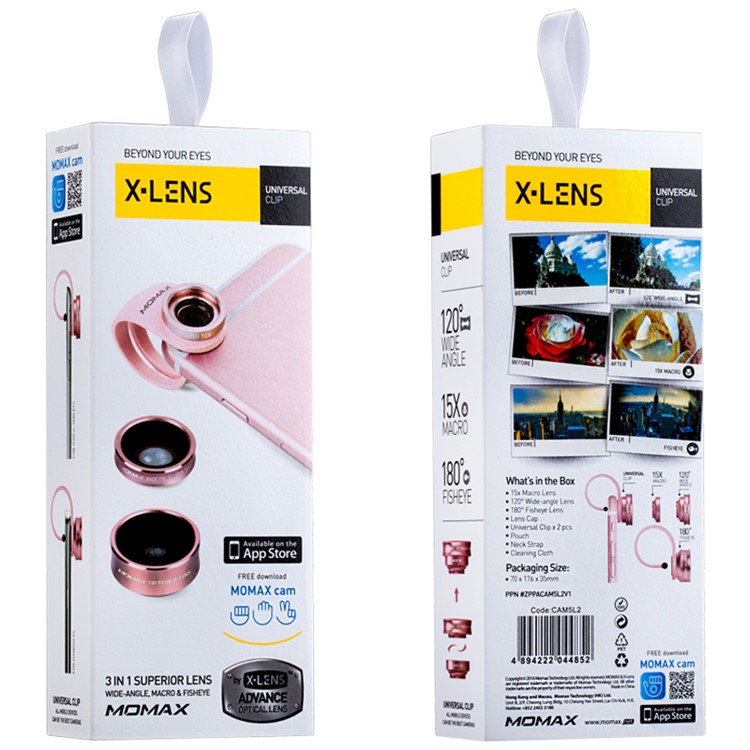 MOMAX X-Lens 3-In-1 Clip-on 120° Wide Angle + 15X Macro + 180° Fisheye Lens Kit - Rose Gold Color-14