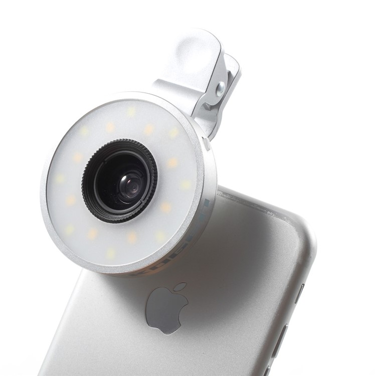 PICKOGEN Universal Selfie LED Fill-in Lights Clip-on Lens Kit 0.65X Wide Angle + 15X Macro Lens - Silver Color-1
