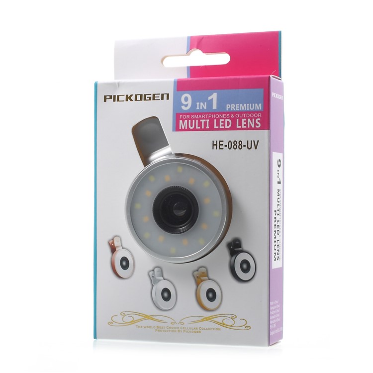PICKOGEN Universal Selfie LED Fill-in Lights Clip-on Lens Kit 0.65X Wide Angle + 15X Macro Lens - Silver Color-17