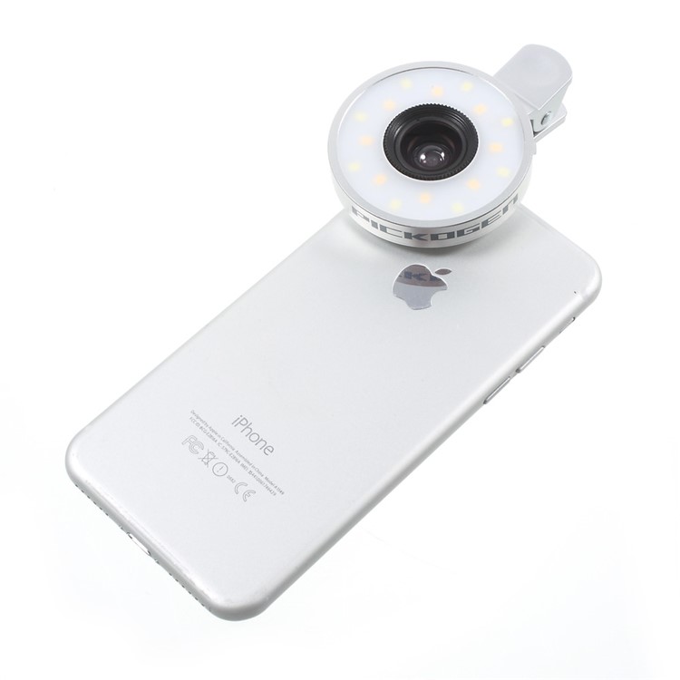 PICKOGEN Universal Selfie LED Fill-in Lights Clip-on Lens Kit 0.65X Wide Angle + 15X Macro Lens - Silver Color-4