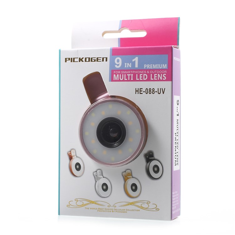PICKOGEN Universal 2-in-1 Lens Kit 0.65X Wide Angle + 15X Macro Lens with Selfie LED Fill-in Lights - Pink-16
