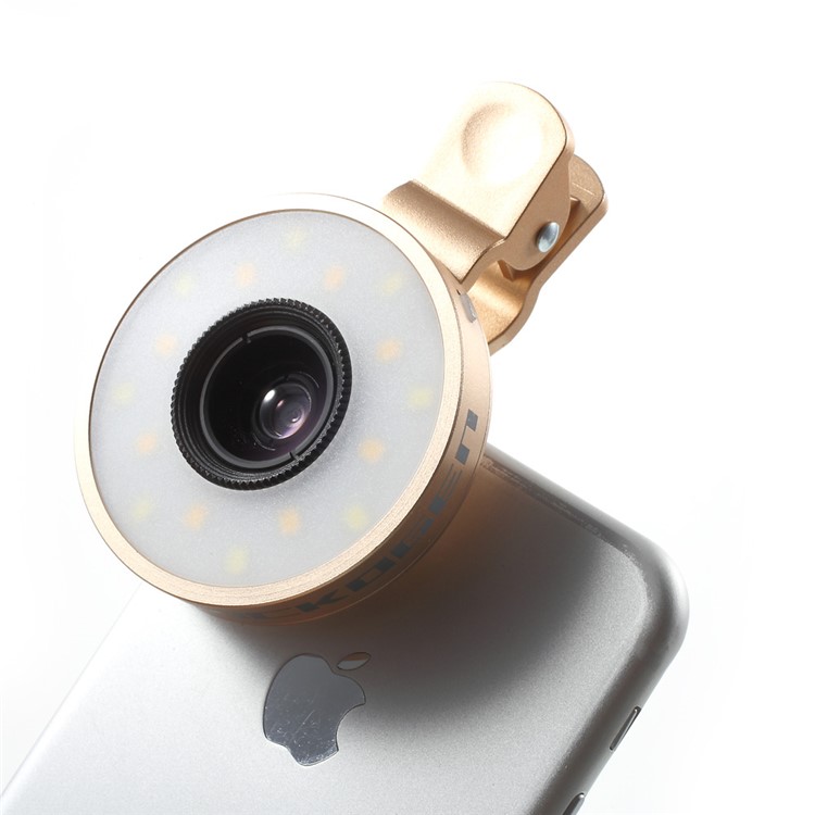 PICKOGEN Universal Clip-on Camera Lens Kit 0.65X Wide Angle + 15X Macro Lens with Selfie LED Fill-in Lights - Gold Color-1