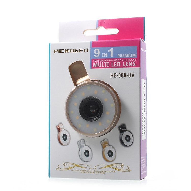 PICKOGEN Universal Clip-on Camera Lens Kit 0.65X Wide Angle + 15X Macro Lens with Selfie LED Fill-in Lights - Gold Color-17