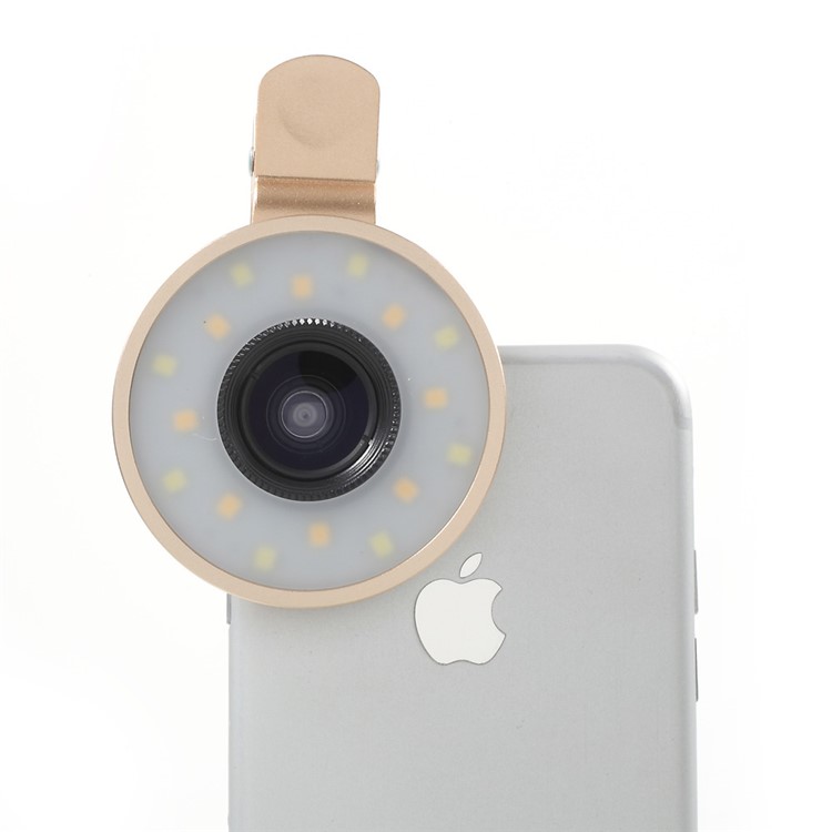 PICKOGEN Universal Clip-on Camera Lens Kit 0.65X Wide Angle + 15X Macro Lens with Selfie LED Fill-in Lights - Gold Color-2