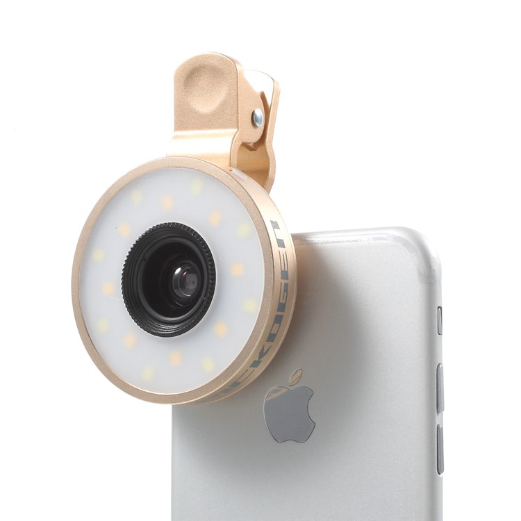 PICKOGEN Universal Clip-on Camera Lens Kit 0.65X Wide Angle + 15X Macro Lens with Selfie LED Fill-in Lights - Gold Color-3
