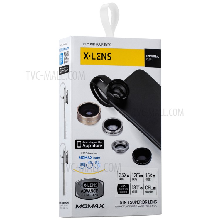 MOMAX X-Lens 5-in-1 2.5X Teleconverter + 120° Wide Angle + 15X Macro + 180° Fisheye Lens + CPL Filter Kit-22