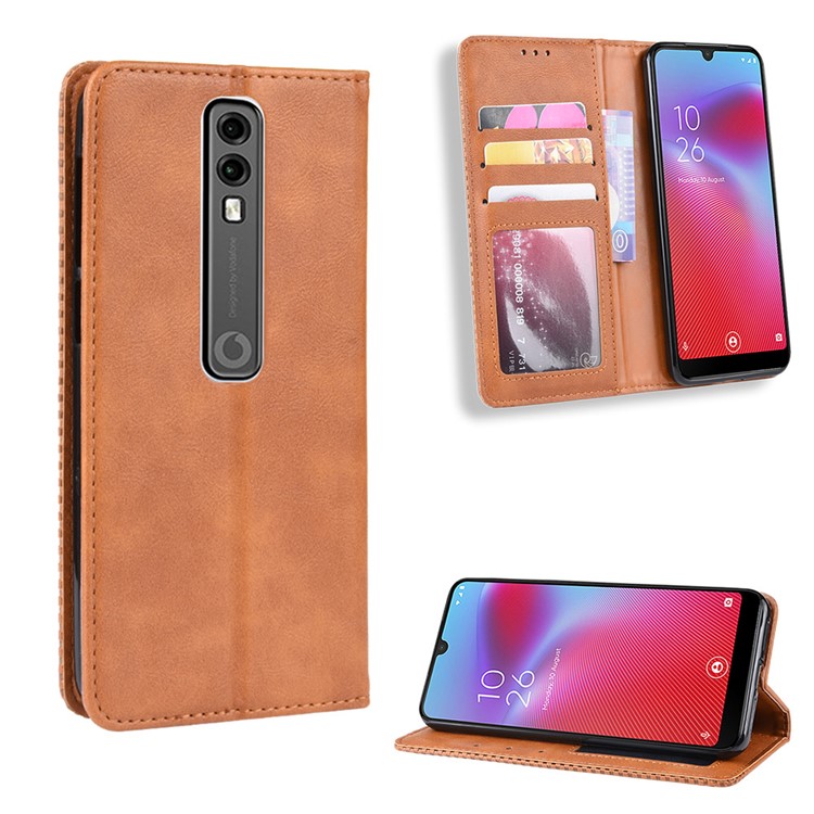 Auto-absorbed Vintage Style PU Leather Wallet Case for Vodafone Smart V10/VFD730 - Brown-1