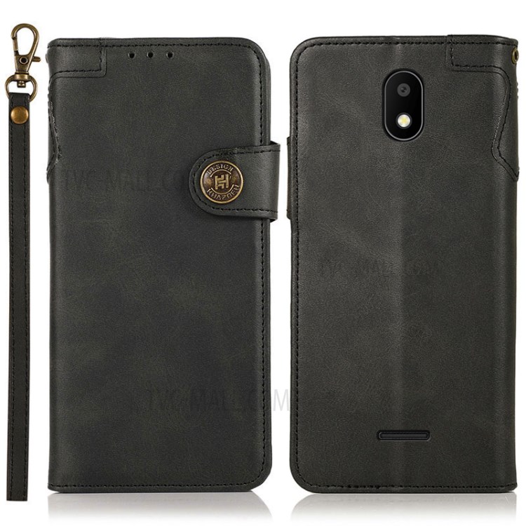 KHAZNEH Shockproof Leather Phone Stand Case with Wallet and Handy Strap for Vodafone SMART E11 - Black-1