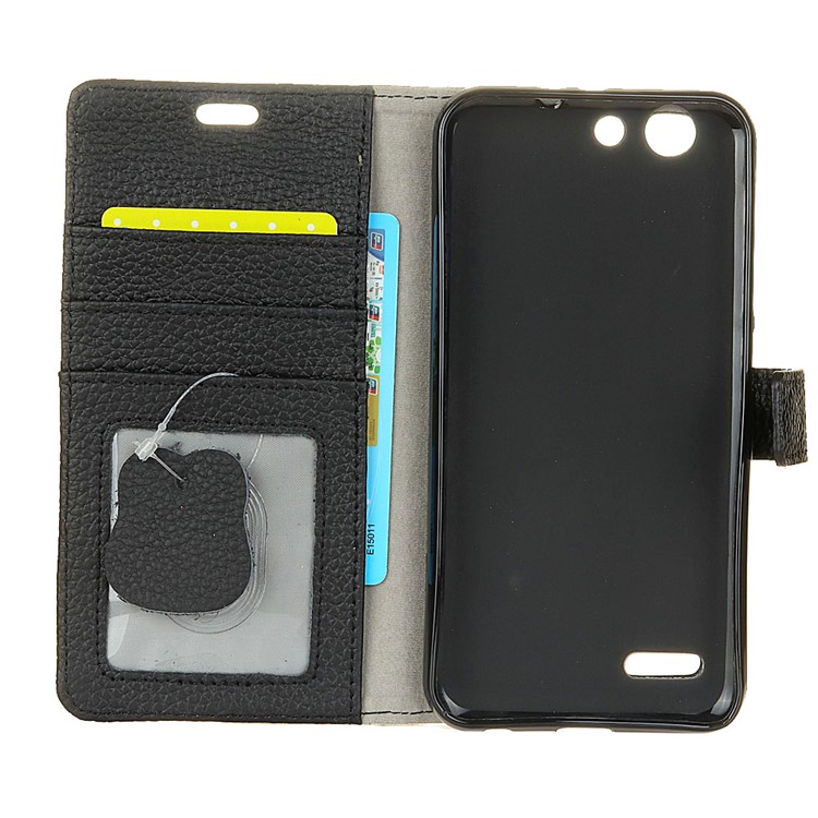 Litchi Grain Genuine Leather Wallet Stand Shell for Vodafone Smart E8 - Black-4