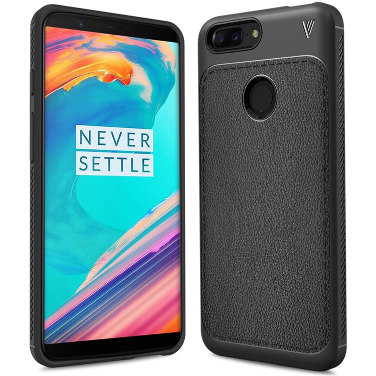 Litchi Texture PU Leather Skin TPU Phone Shell for OnePlus 5T - Black-1