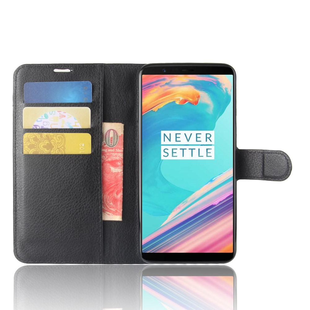 Étui en Cuir de Support de Portefeuille de Texture Litchi Pour OnePlus 5T - le Noir-4