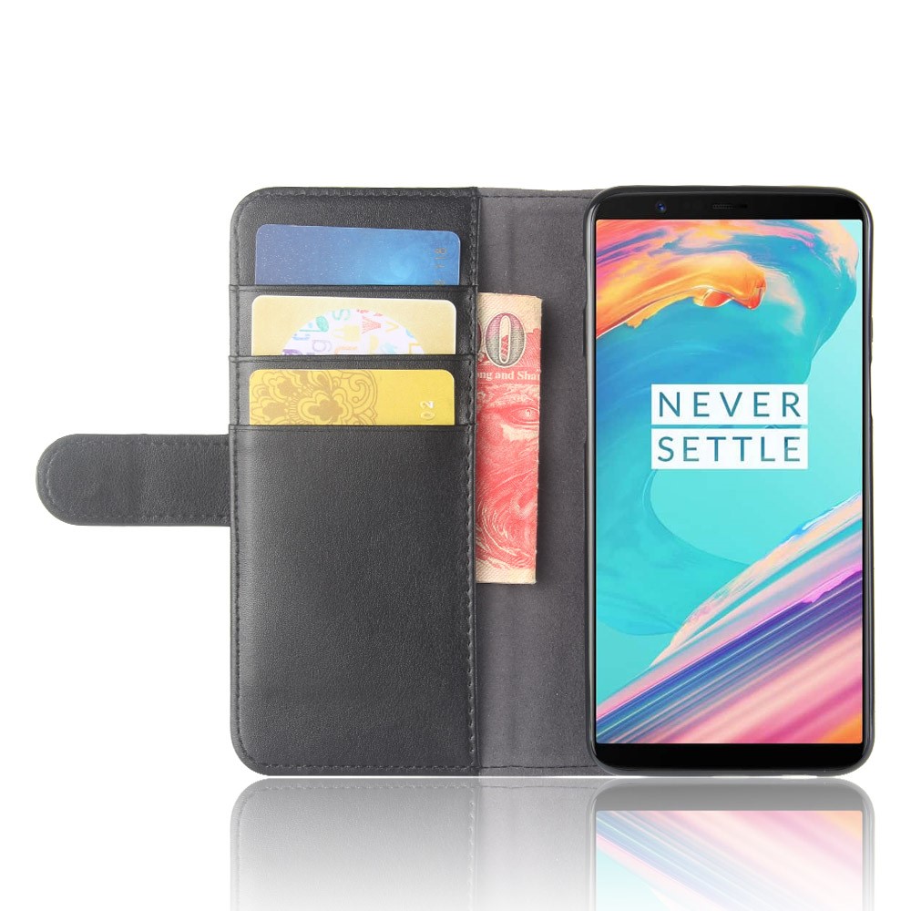 Genuine Split Leather Wallet Moble Phone Case with Stand for OnePlus 5T - Black-5